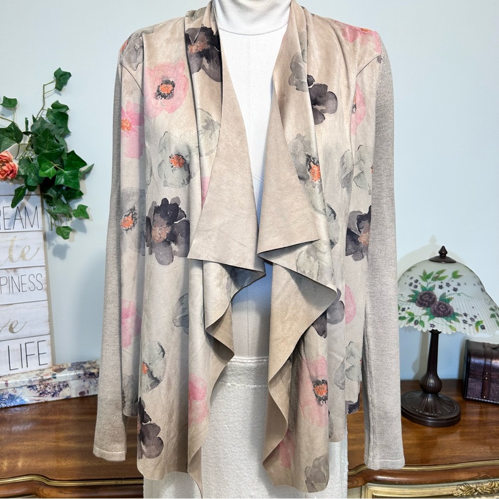 INC Tan Pink Black Floral Faux Suede Knit Waterfall Cardigan/ Jacket NEW NWT